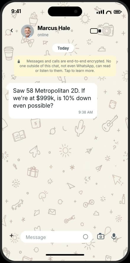 WhatsApp message from a buyer: if we're at $999k, is 10% down even possible?