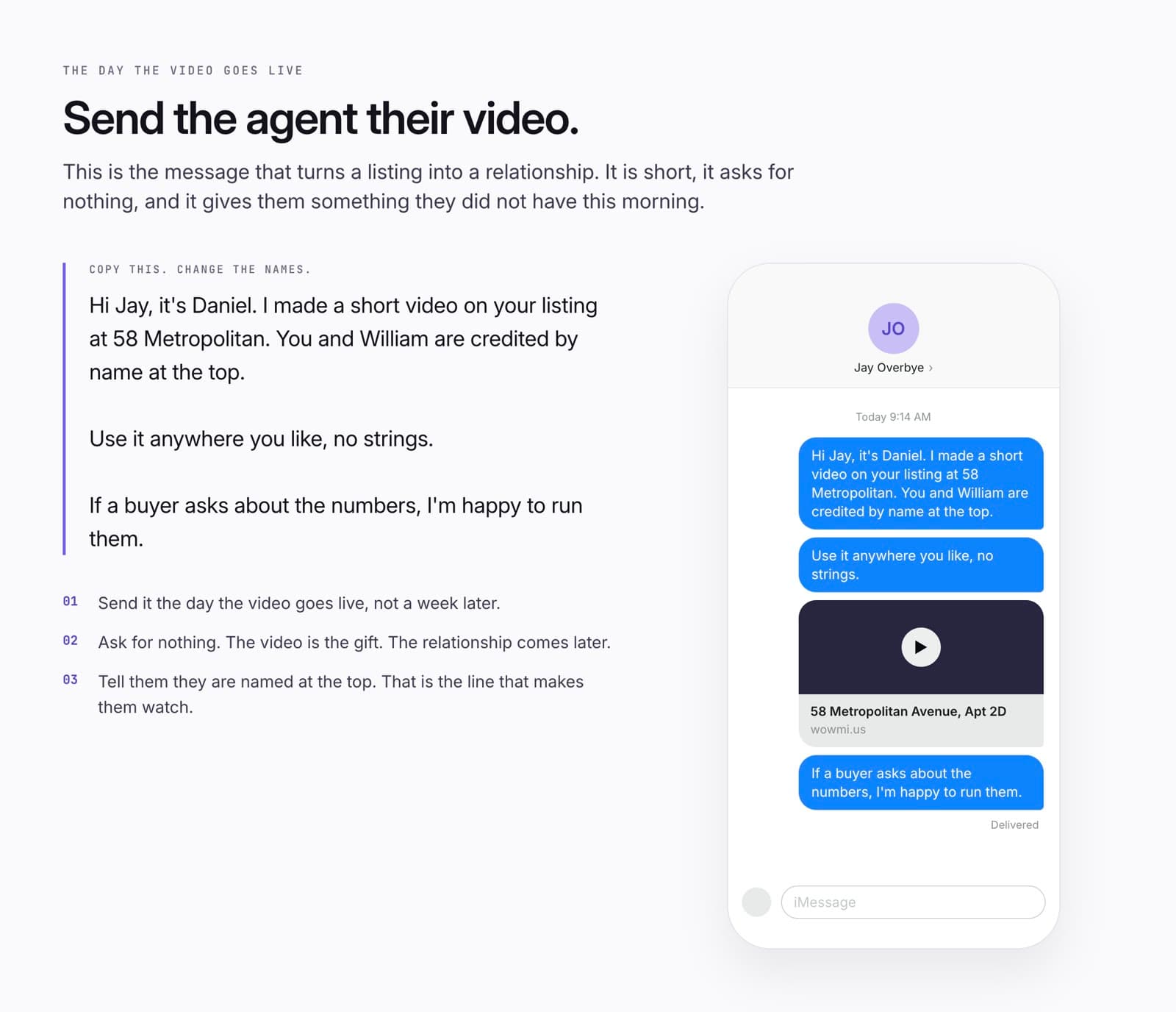 The message as it looks on the agent's phone, three short texts and a preview of the video, with the three rules beside it.