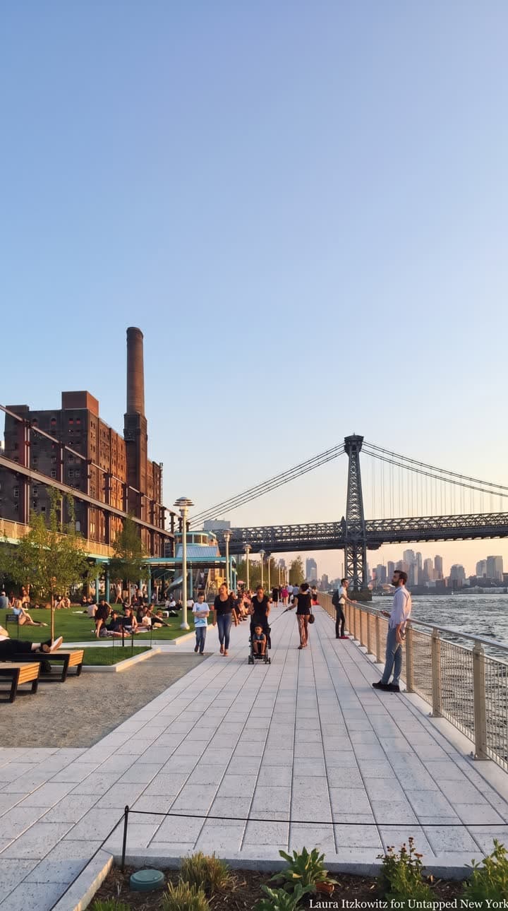 Williamsburg waterfront at dusk with the bridge.