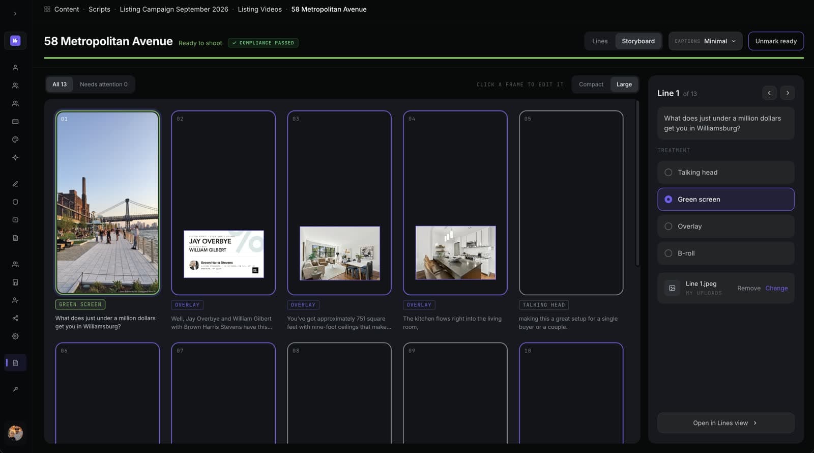 The storyboard view: frame 01 the waterfront photo, 02 the agent card, 03 the living room, 04 the kitchen, 05 a talking head.