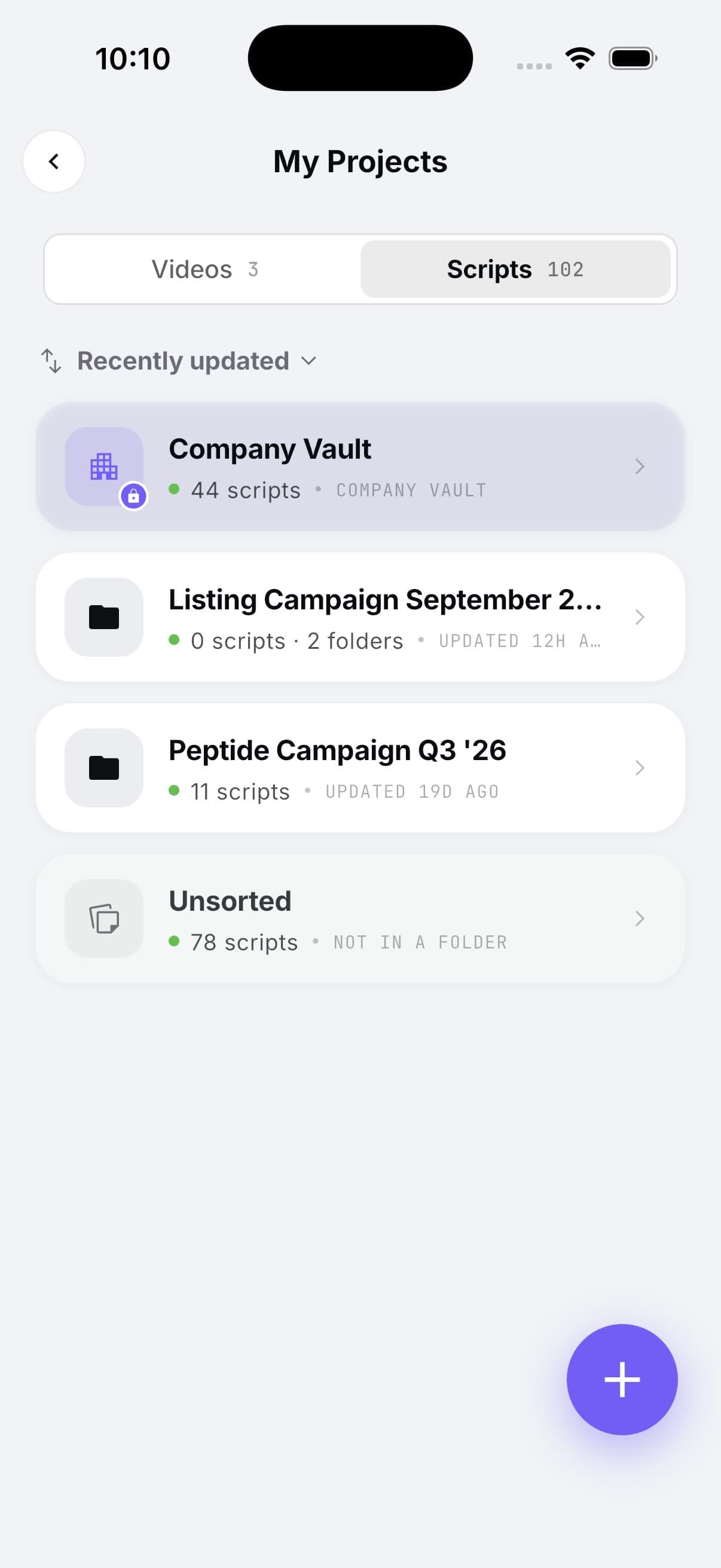 My Projects, Scripts tab, with the Listing Campaign folder.