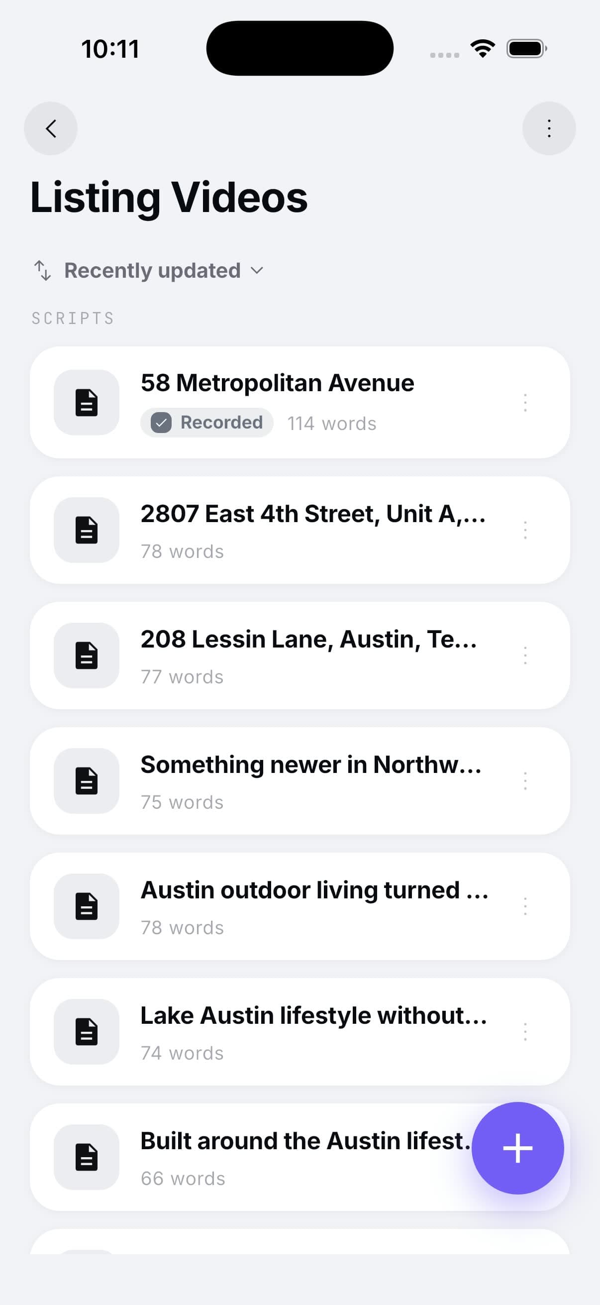 The Listing Videos folder with 58 Metropolitan Avenue marked Recorded, 114 words.